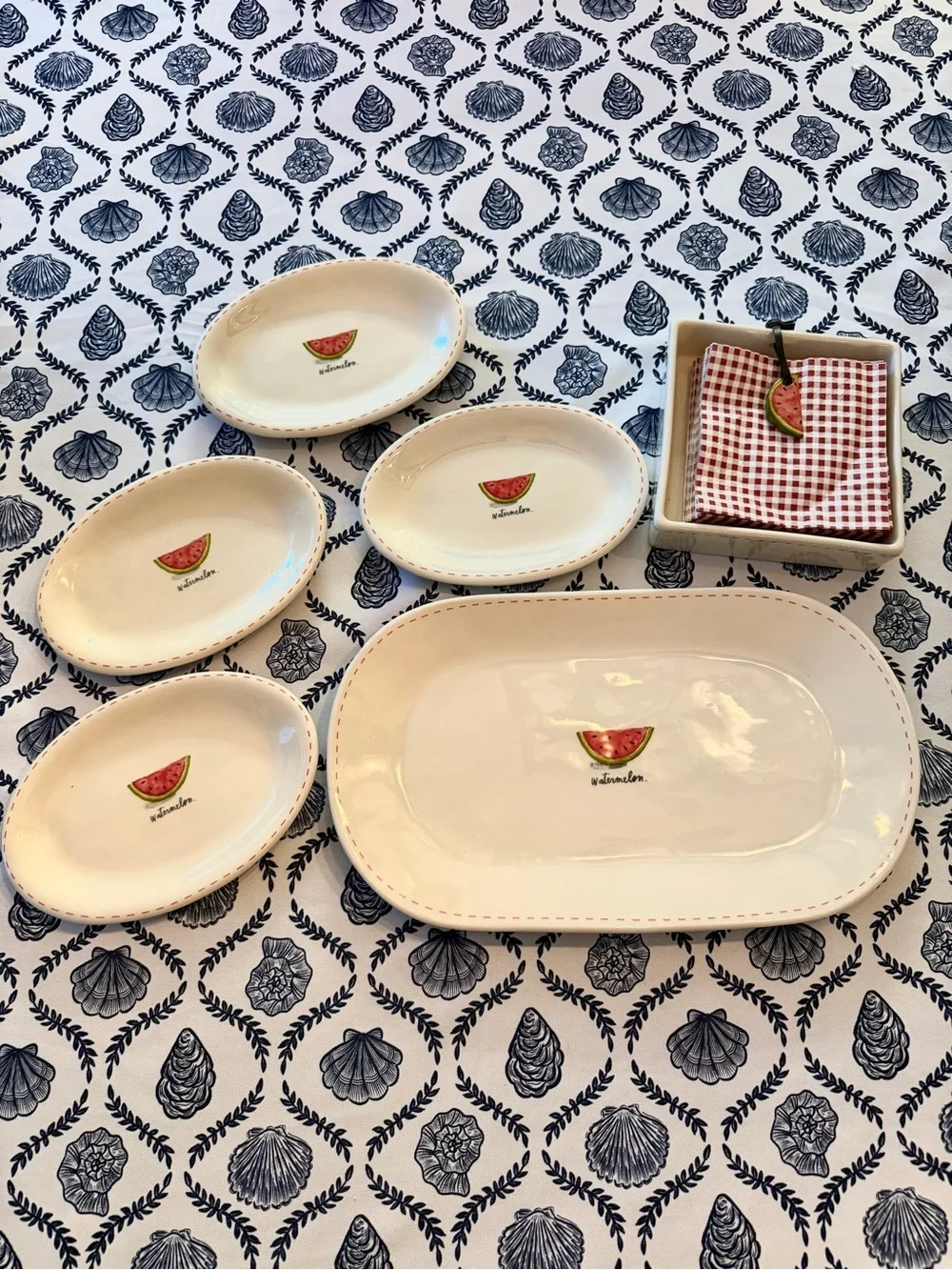 Rae Dunn Watermelon Ceramic Serving Platter Oval Plate Dish Set Napkin Holder